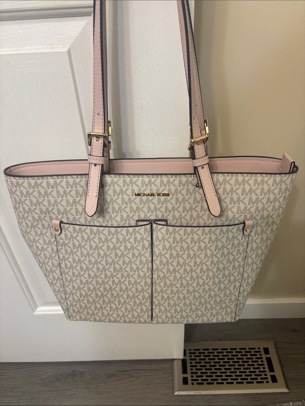 Michael Kors Beige Signature Tote with Pink Trim